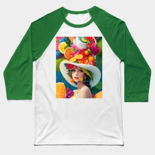 А woman with a white hat and some colorful fruity Baseball T-Shirt
